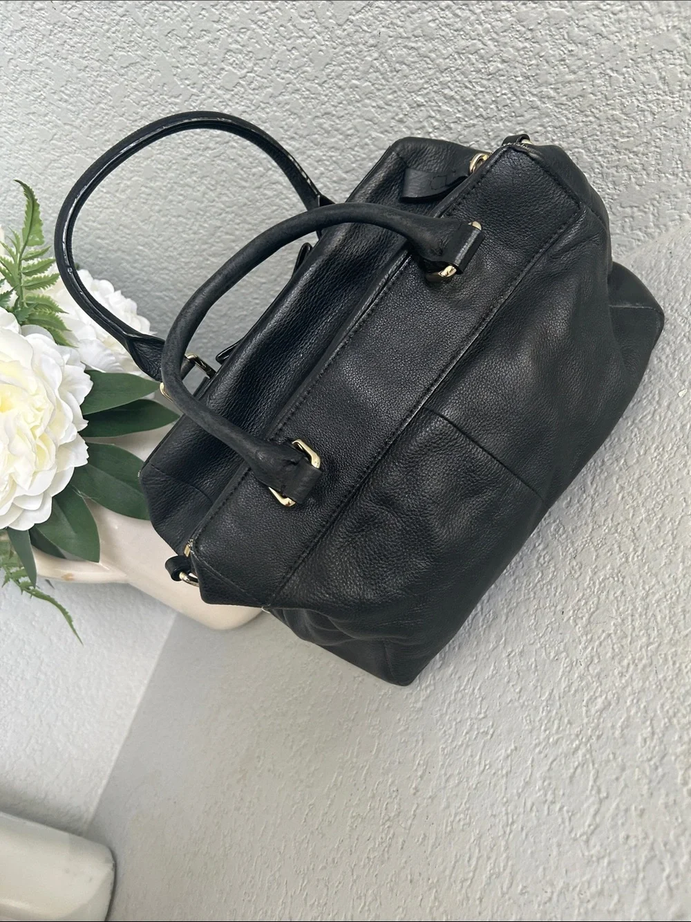 kate spade Black Pebbled Leather Satchel with Bow Plaque